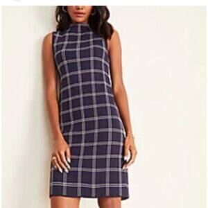 Ann Taylor Petite Knit Dress Small Navy Grid Mock Neck Sleeveless